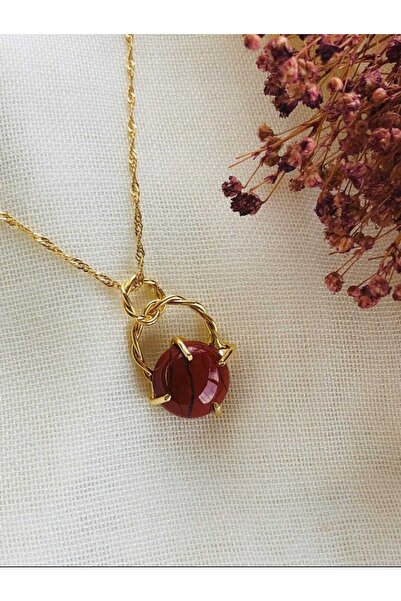 DOĞAL TAŞ CENNETİ Red Jasper Altın Kaplama Kolye Ucu(sertifikalı)(47cm Zincir...