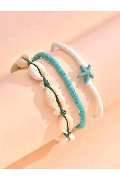 Roe takı aksesuar Green White Anklet Seashell and Miyuki Set of 3
