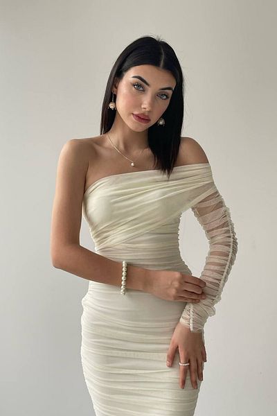 Julishop Women's Draped Tulle Fabric Single Sleeve Slim Fit Midi Length White-ecru Premium Pencil Evening Dress