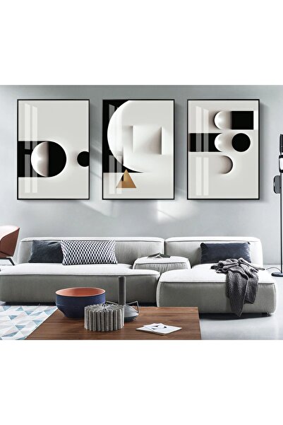 Linacci Üçlü Siyah Alüminyum Metal Çerçeveli Dairesel Siyah Beyaz Camlı Poster Tablo Seti