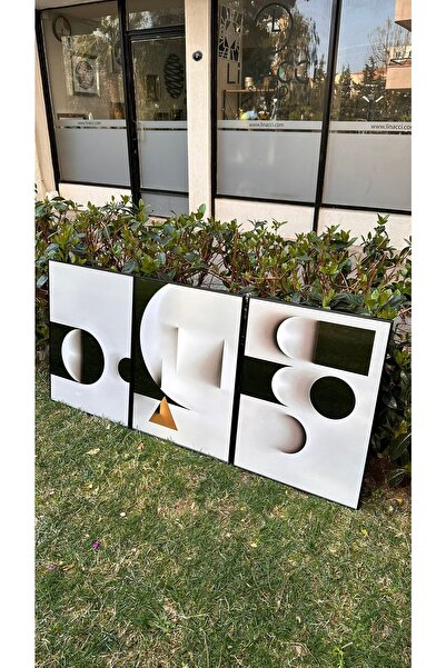 Linacci Üçlü Siyah Alüminyum Metal Çerçeveli Dairesel Siyah Beyaz Camlı Poster Tablo Seti