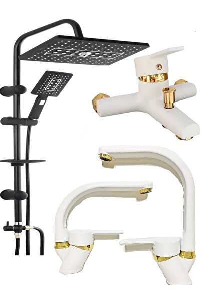 Alecra Lüks Siyah Duş Robotu 4'lü Duş Seti Beyaz Gold Detay Banyo Bataryası Ve Balıksırtı Borulu