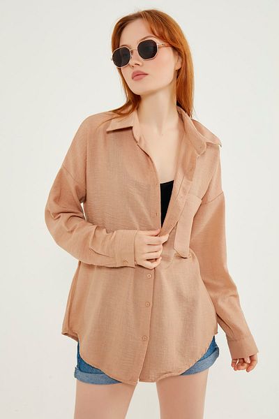 MEECY Damen Leichtes Oversize-Leinenhemd in braun