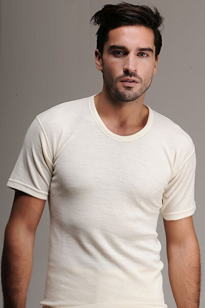 Hasyün Lenjerie de corp 100 Crem Cămașă de corp din lână pentru bărbați cu mâ...