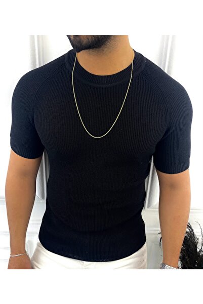 elkumoda Πλεκτό Τρίκo Τι-Σερτ Κοντό Μανίκι Τρίκo Slim Fit Στενή Γραμμή Τι-Σερτ