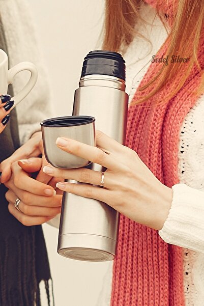 SEDEF SİLVER Aç Kapat Düğmeli Kapağı Bardaklı Çantalı Paslanmaz Çelik 500 ml Çay Kahve Termos Bardak 511