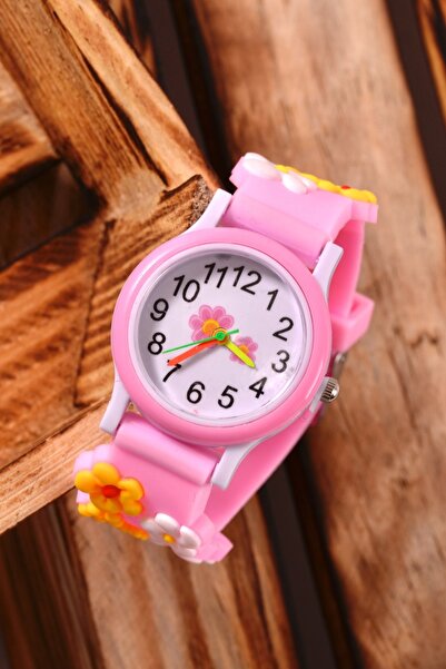 pierrose Çocuk Bebek Hediye Pembe Silikon Kordon Çiçek Figürlü Kız Çocuk Kol Saati