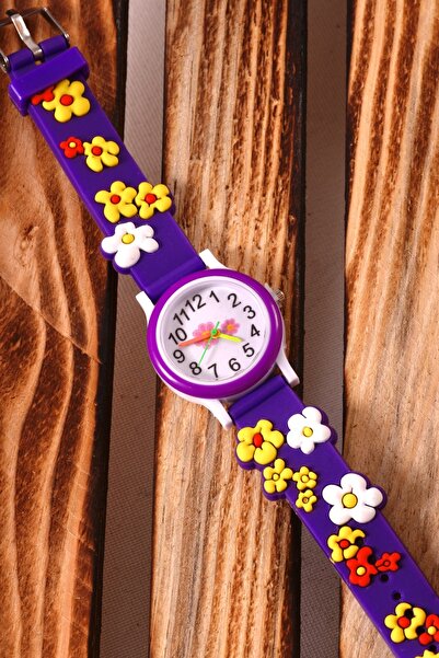 pierrose Çocuk Bebek Hediye Mor Silikon Kordon Çiçek Figürlü Kız Çocuk Kol Saati