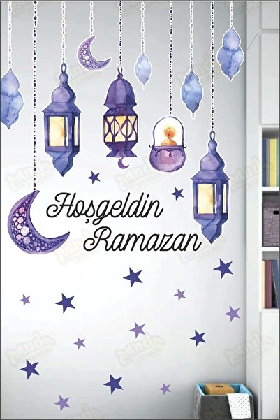 PANDA SOKAĞI Hoşgeldin Ramazan Soft Mor Temalı Fener Sarkıt Cam Duvar Dekoras...
