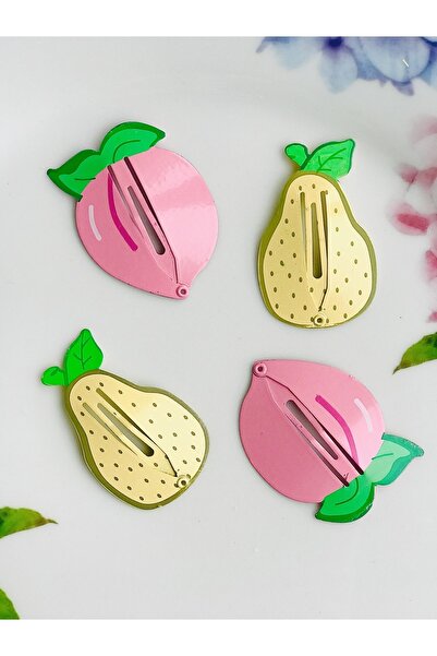 SHEKER HOME Kız Çocuk Meyveli Çıtçıtlı Metal Pembe Sarı Toka Seti - 4 Adet