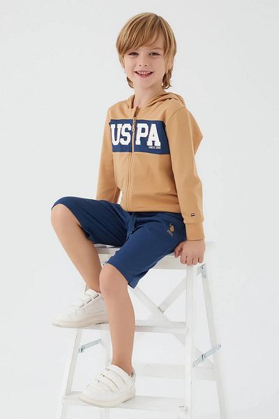 U.S. Polo Assn. База. Polo Assn бермудски костюм за момче с цип и кафяв цвят