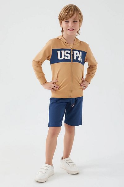 U.S. Polo Assn. База. Polo Assn бермудски костюм за момче с цип и кафяв цвят