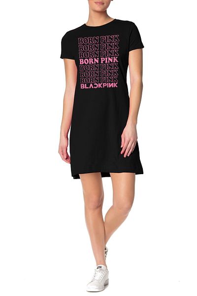 ROCKANDROLL Rochie tricou pentru femei din bumbac pieptănat cu mânecă scurtă Doğan Blackpink neagră