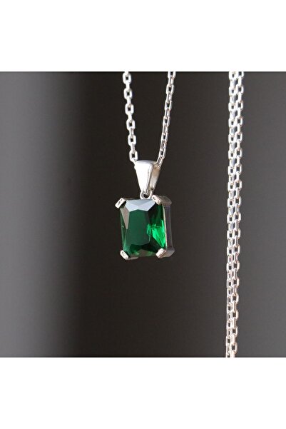 Moko Art Design Emerald Kesim Lab. Zümrüt Taşlı Minimal 925 Gümüş Kolye