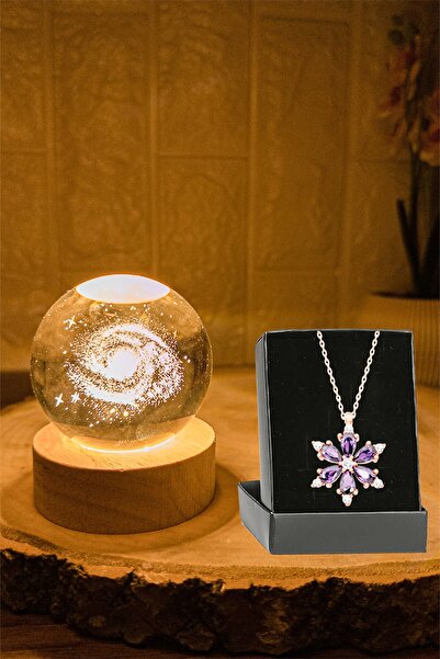 Zemtigo Samanyolu Galaksi Toz Bulutu Ahşap Standlı Led Işıklı Cam Ay Küre Ve Lotus Kamelya Çiçeği Kolye