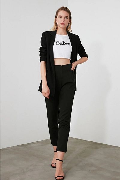 Trn JNS Pantaloni de damă Honey, negri, cu talie lată, cu picior clasic, cu talie ultra înaltă