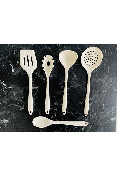 Senin Dükkanın 5 Piece All Silicone Fireproof Non-Stick Silicone Kitchen Set Cream Color