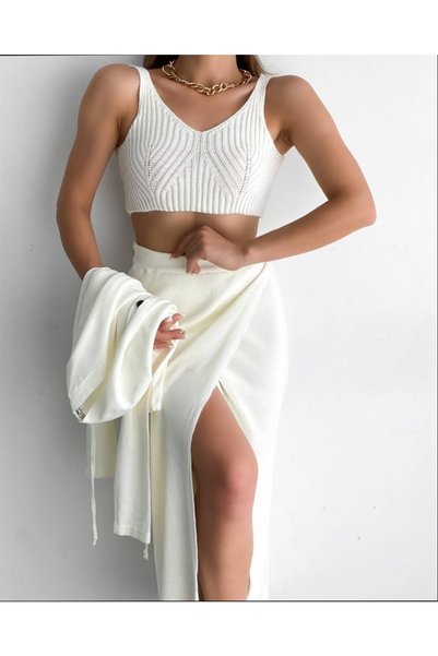 Azra Moda Style Knitwear Set 3 Pieces Women's White