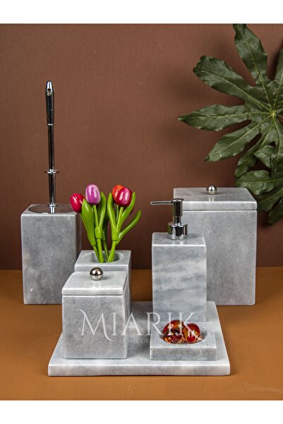 MIARIK DESIGN & DEKORASYON Dekoratif Gri Mermer Düz Kare Gümüş Detaylı 7 Li B...