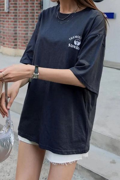 Keywest Μπλουζάκι Oversize Unisex Navy Blue Mountain Sunday Printed Crew Neck Oversize