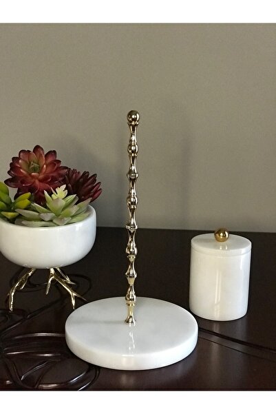 MIARIK DESIGN & DEKORASYON Beyaz Mermer Top Aksesuarli Peçetelik Havluluk (gold)