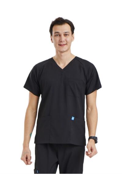 Wio Uniform Basıc- Erkek Likralı Siyah Doktor Hemşire Cerrahi Üniforma Üst