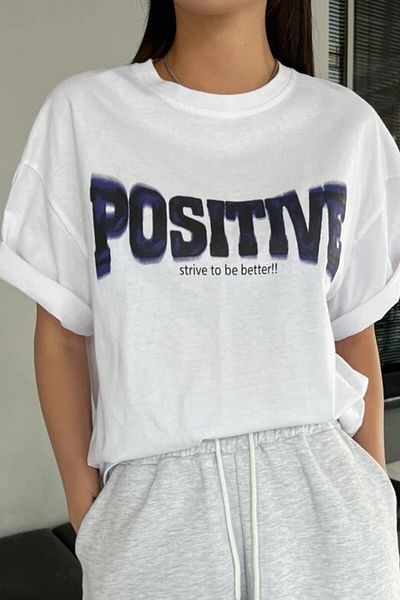 MODAGEN Μπλουζάκι Unisex Cotton White Positive Printed Crew Oversize Boyfriend μπλουζάκι