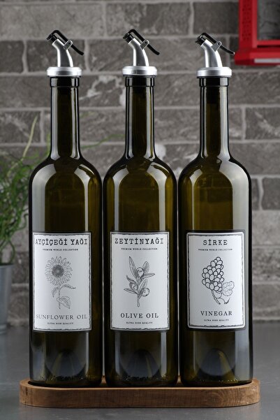 incili home طقم استاند خشبي من ماراسكا 3 قطع 750 مل زيت زيتون - زيت - زجاجة خل وعاء زيت وعاء زيت