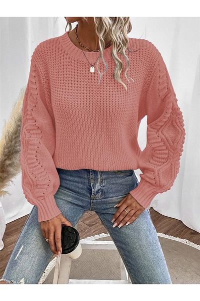 AQE FASHION Pulover tricotat Selanik cu mâneci tricotate, cu decolteu, pudră