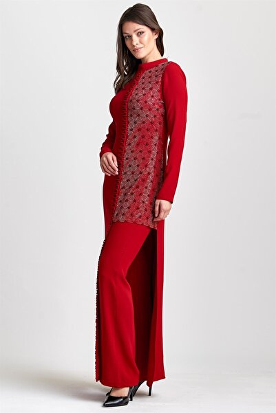 Esswaap Kırmızı Asimetrik, Sol Beden Taşlı Hakim Yakalı Elbise