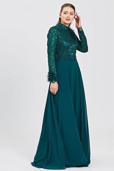 Esswaap Emerald Top Size Evening Dress with Lace, Flowers and Leaf Accessories and Chiffon Skirt