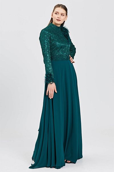 Esswaap Emerald Top Size Evening Dress with Lace, Flowers and Leaf Accessories and Chiffon Skirt