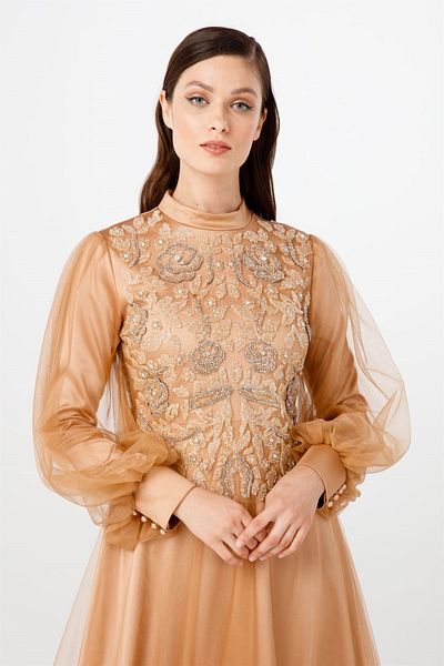 Esswaap Gold Tulle Floral Stone Patterned Evening Dress with Smocked Sleeves
