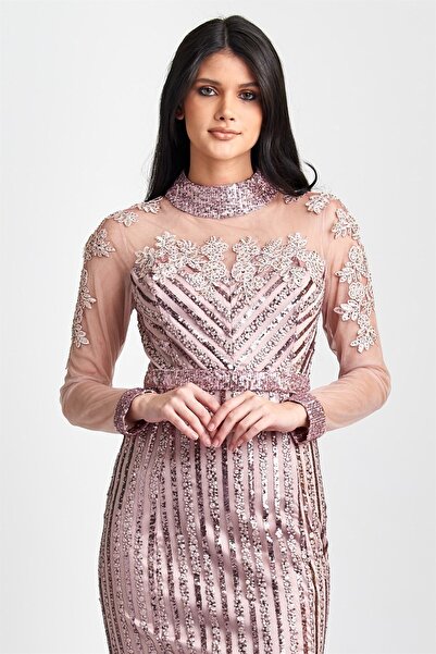 Esswaap Pudra Balık Kesimli, Tül Ve Dantelden Oluşan Kumaşıyla Şık Abiye Elbise