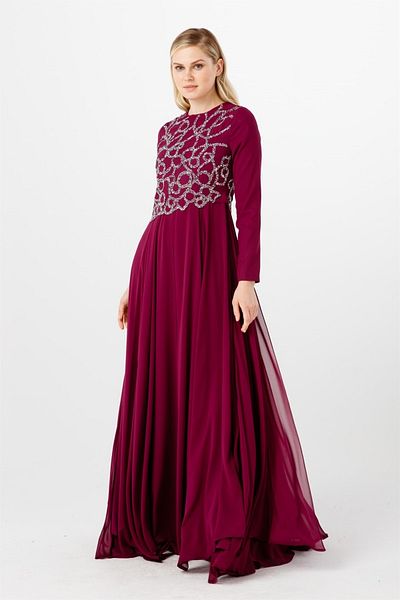 Esswaap Plum Asymmetrical Stone Detailed, Chiffon Evening Dress