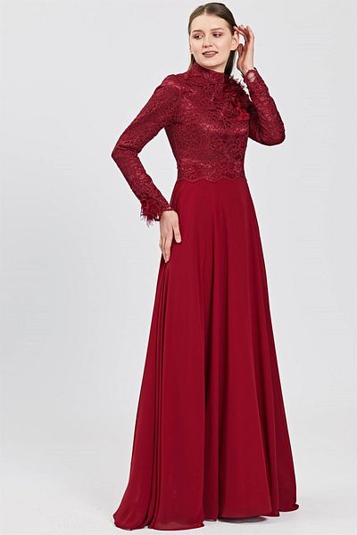 Esswaap Rochie de seara de marime mare burgundy cu fusta din sifon cu accesorii din dantela, flori si frunze