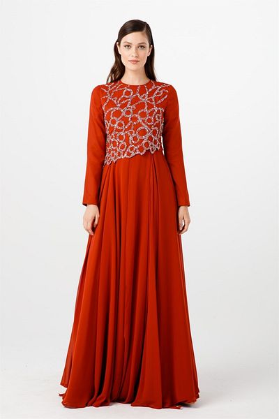 Esswaap Asymmetrical Stone Detailed Copper Chiffon Evening Dress