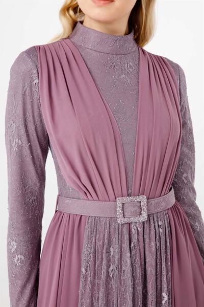 Esswaap Lila Taş Toka Kemerl, Sifon Ve Dantelden Oluşan Abiye Elbise