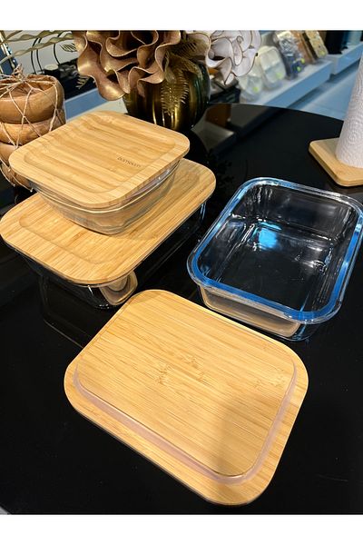 emir home shop 3-Piece Rectangular Vacuum Bowl with Bamboo Lid Glass Storage Container 1500-1000-750ml
