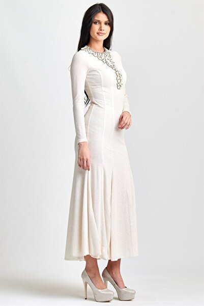 Esswaap Ecru Collar Pasting Jewelled Fish Collar Evening Dress