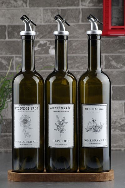 incili home Marasca Set of 3 750 ml Olive Oil - Oil - Pomegranate Syrup Bottles with Wooden Stand