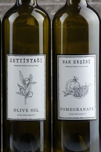 incili home Marasca Set of 3 750 ml Olive Oil - Oil - Pomegranate Syrup Bottles with Wooden Stand