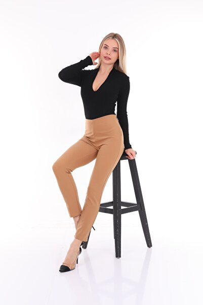 EVS WOMAN Kadın Camel Yandan Fermuarlı Beli Lastikli Tayt Pantolon