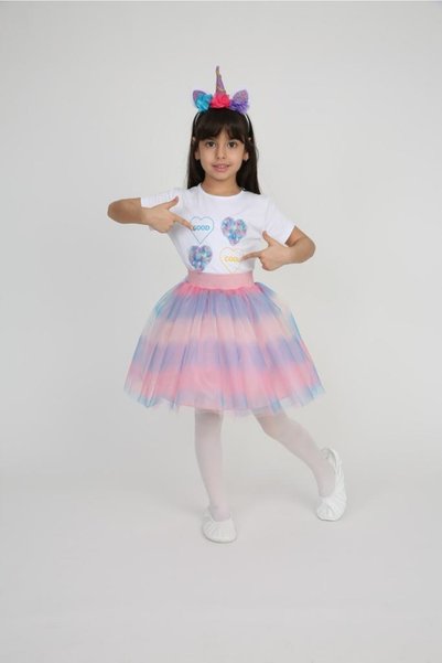 Dıgıl Kids Kız Çocuk Unicorn Desenli Etek Cool Yazılı Tişört Takım 23 Nisan 2...