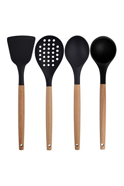 Kitchen Design Lab Siyah Bambu Silikon Servis Seti Kepçe, Kaşık, Kevgir, Makarna 2 Spatula, Silikon Maşa Çırpıcı 8 Adet