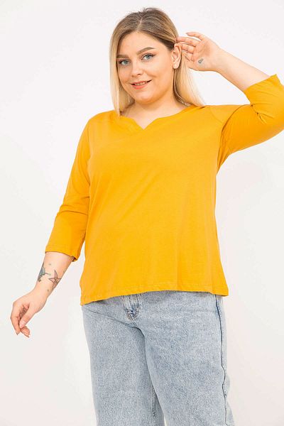 Şans Women's Mustard Plus Size Cotton Fabric V-Neck Capri Sleeve Blouse 65n35763