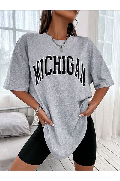 BENROMA Unisex Cotton Grey Crew Neck Oversize Boyfriend T-shirt Black Michi Printed