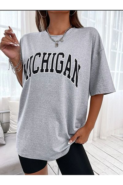 BENROMA Unisex Cotton Grey Crew Neck Oversize Boyfriend T-shirt Black Michi Printed