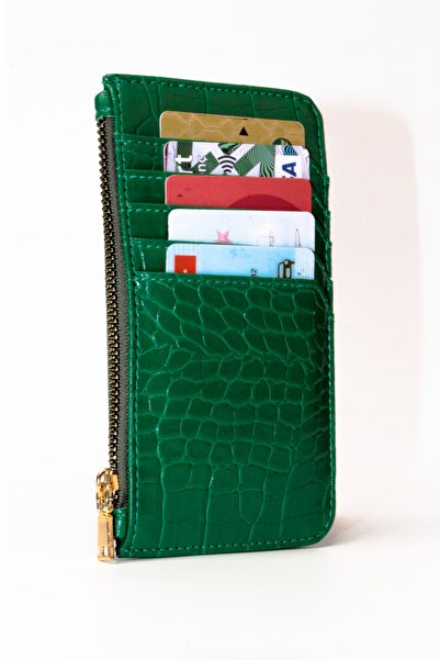 dericom Kadın Timsah Derisi Görünümlü Kroka Desenli Fermuarlı Kağıt Bozuk Para Bölmeli Cüzdan Kartlık Yeşil