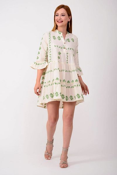 AYASOFYA OTANTIK Women's Beige Green Flower Pattern Linen Ethnic Authentic Dress